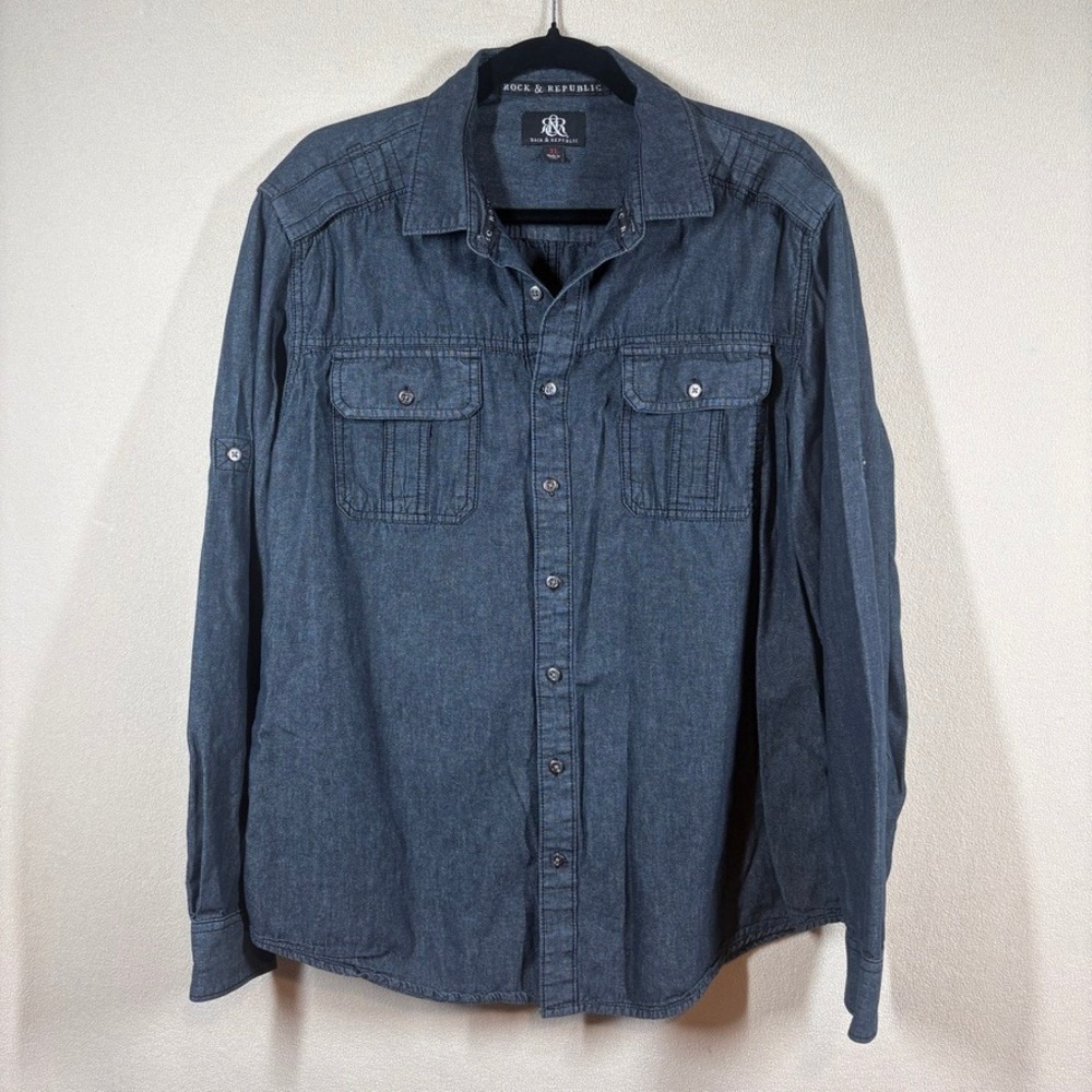 Rock & Republic Mens Grunge XL Dk Wash Blue Chambray Button Down Roll Tab‎ Shirt